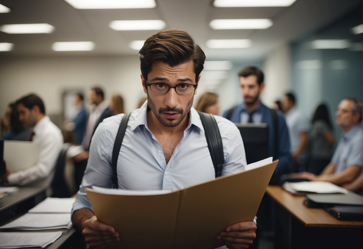 A person waiting in a crowded government office, holding a folder of paperwork, with a look of frustration and impatience on their face