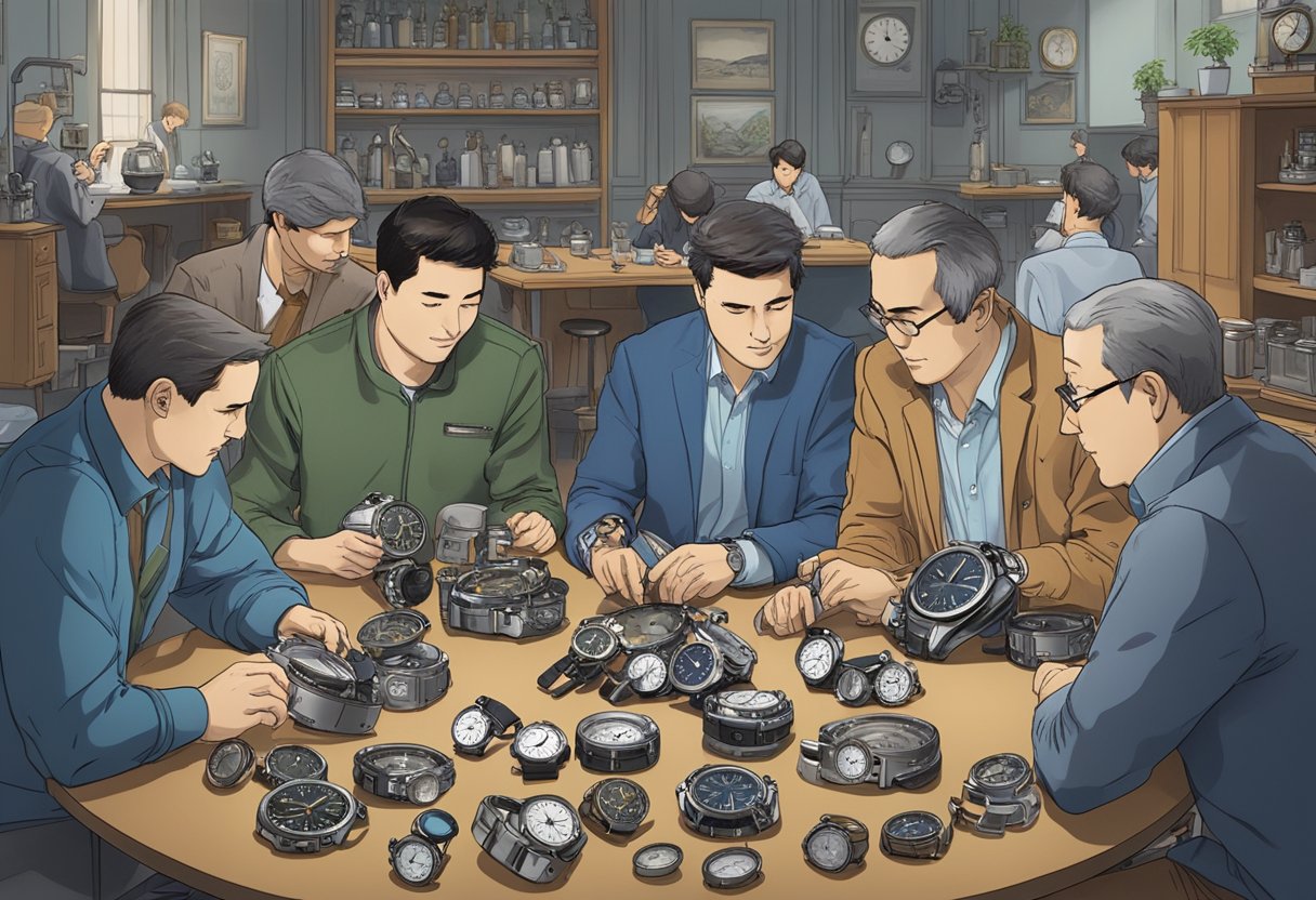 Un gruppo di appassionati di orologi si riunisce intorno a un tavolo, armeggiando con gli orologi Seiko Nautilus, scambiando parti e discutendo di modifiche.