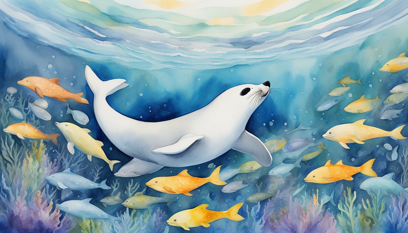 A harp seal swims gracefully through the icy waters, surrounded by schools of fish and playful pods of dolphins.</p><p>The seal's sleek, silver-gray fur glistens in the sunlight as it navigates through the vibrant ecosystem