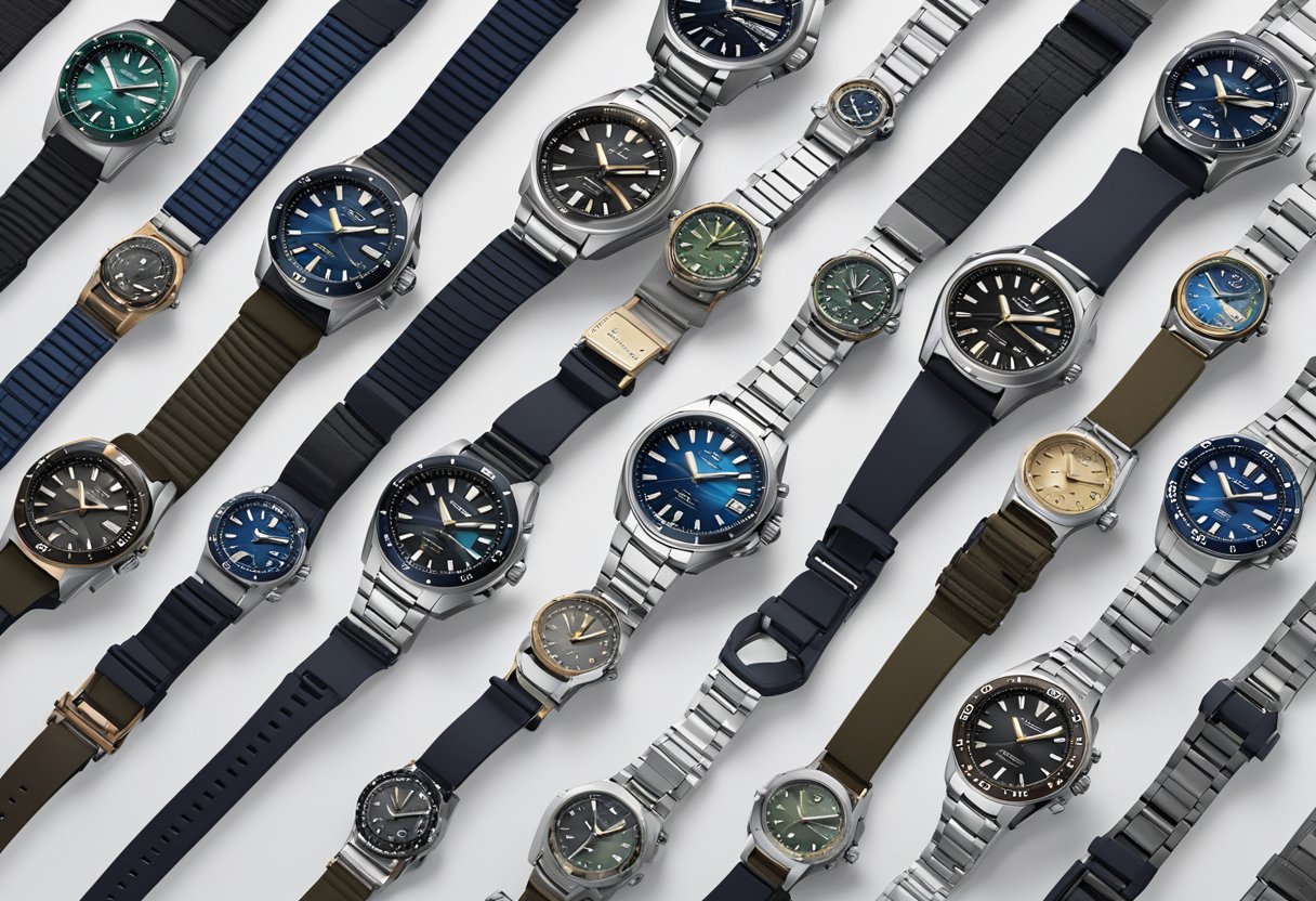 A display of Seiko Nautilus models arranged on a sleek, modern backdrop. Each watch is showcased with precision and attention to detail