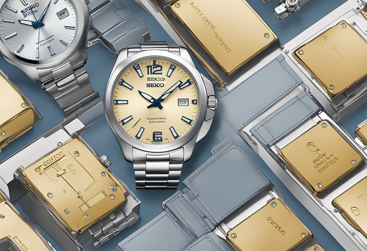 A display of Seiko Nautilus watches with a backdrop of a FAQ section