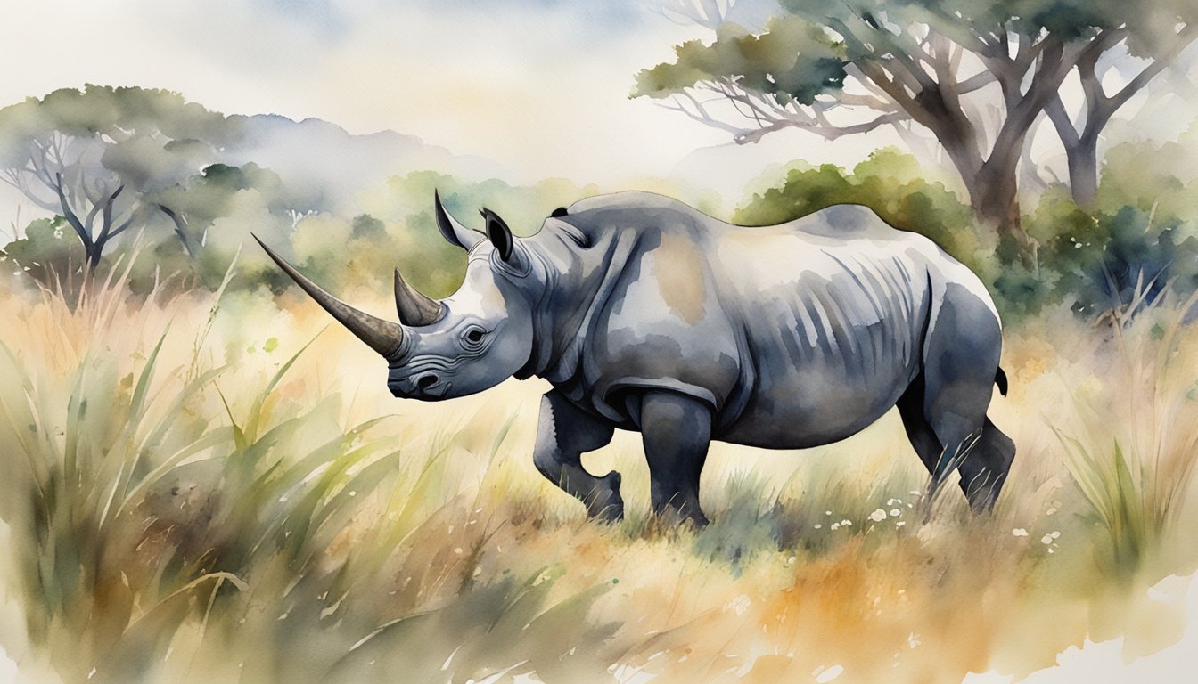 A black rhino grazes in a grassy savanna, surrounded by lush vegetation and a variety of wildlife.</p><p>Poachers lurk in the distance, posing a threat to the rhino's existence