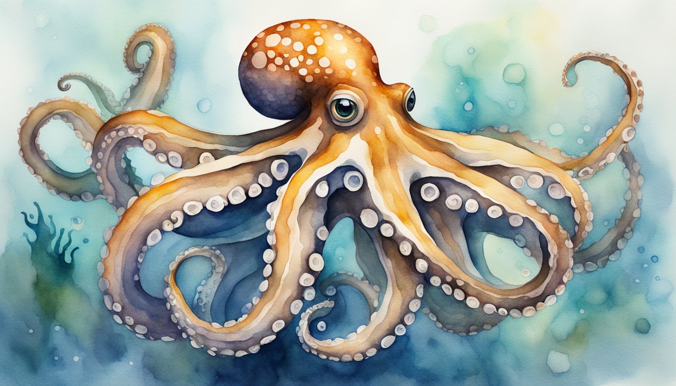 An octopus swims gracefully, its eight tentacles undulating in the water.</p><p>Its large, intelligent eyes scan the surroundings, while its body changes color to blend in with the environment