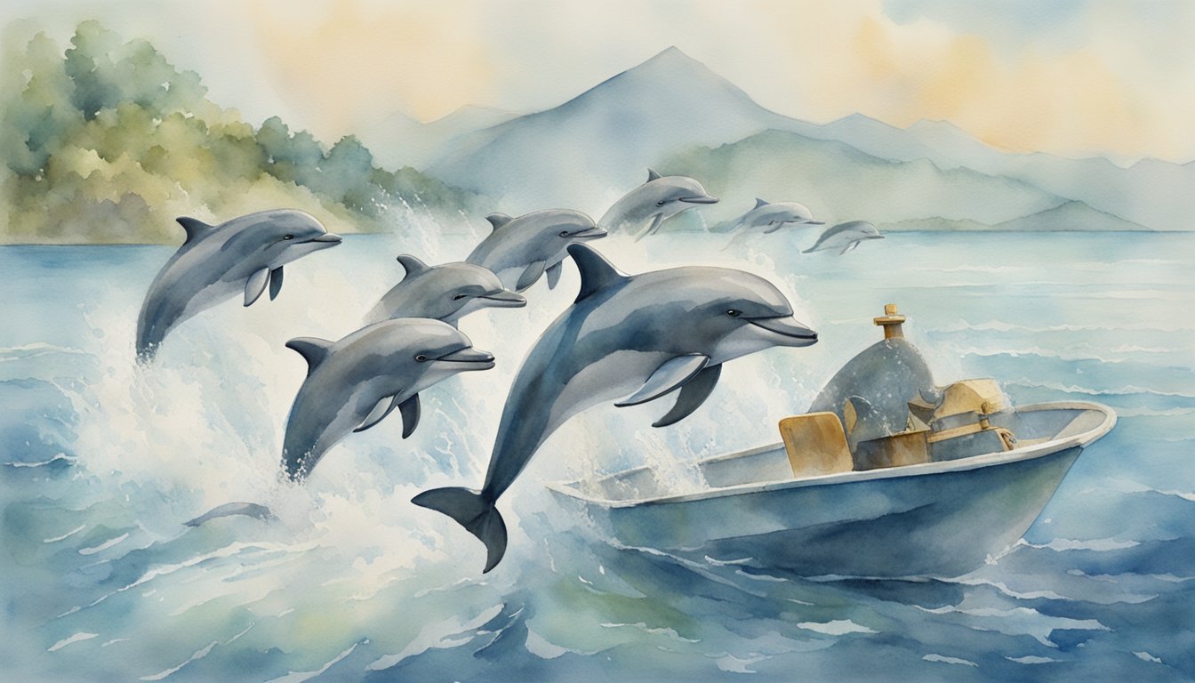 Dolphins aggressively surround a small boat, leaping out of the water with open mouths