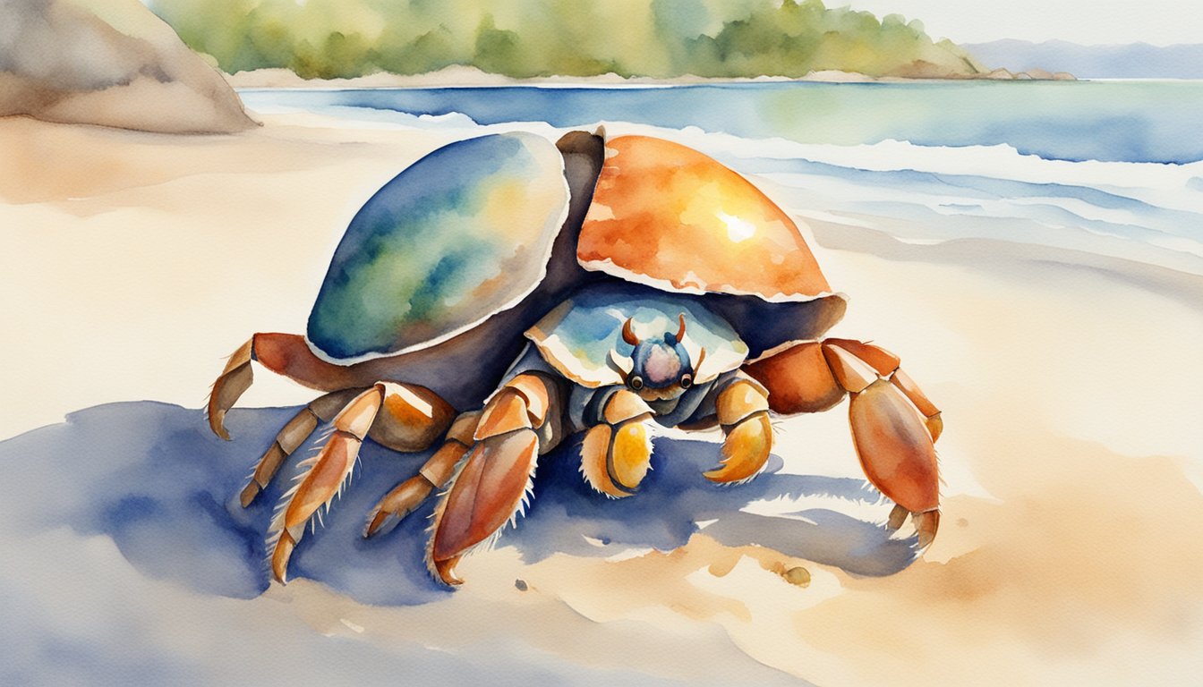 A hermit crab emerges from its shell, scuttling across the sandy beach towards the water, its colorful exoskeleton glistening in the sunlight