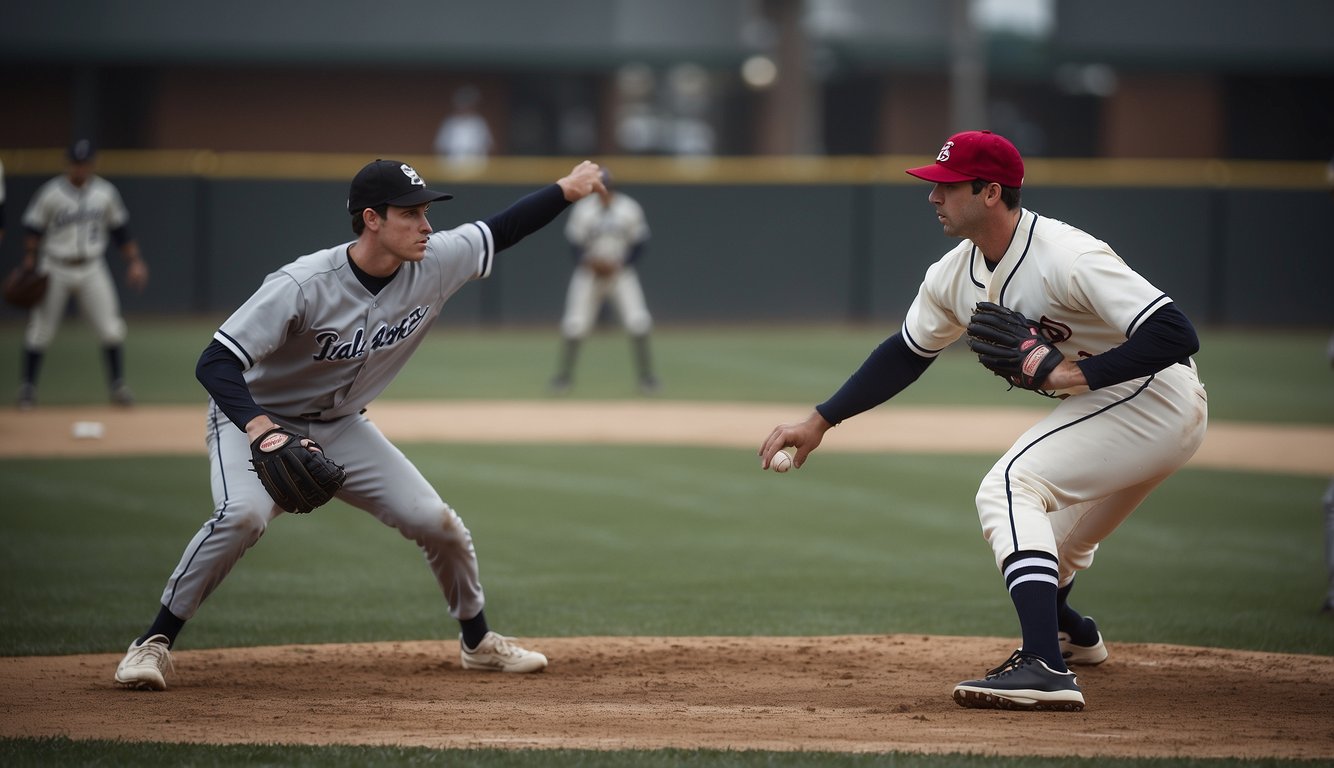 Two baseball teams face off on the field, one representing a junior college and the other a Division 1 school. The players are in action, with the pitcher winding up to throw the ball