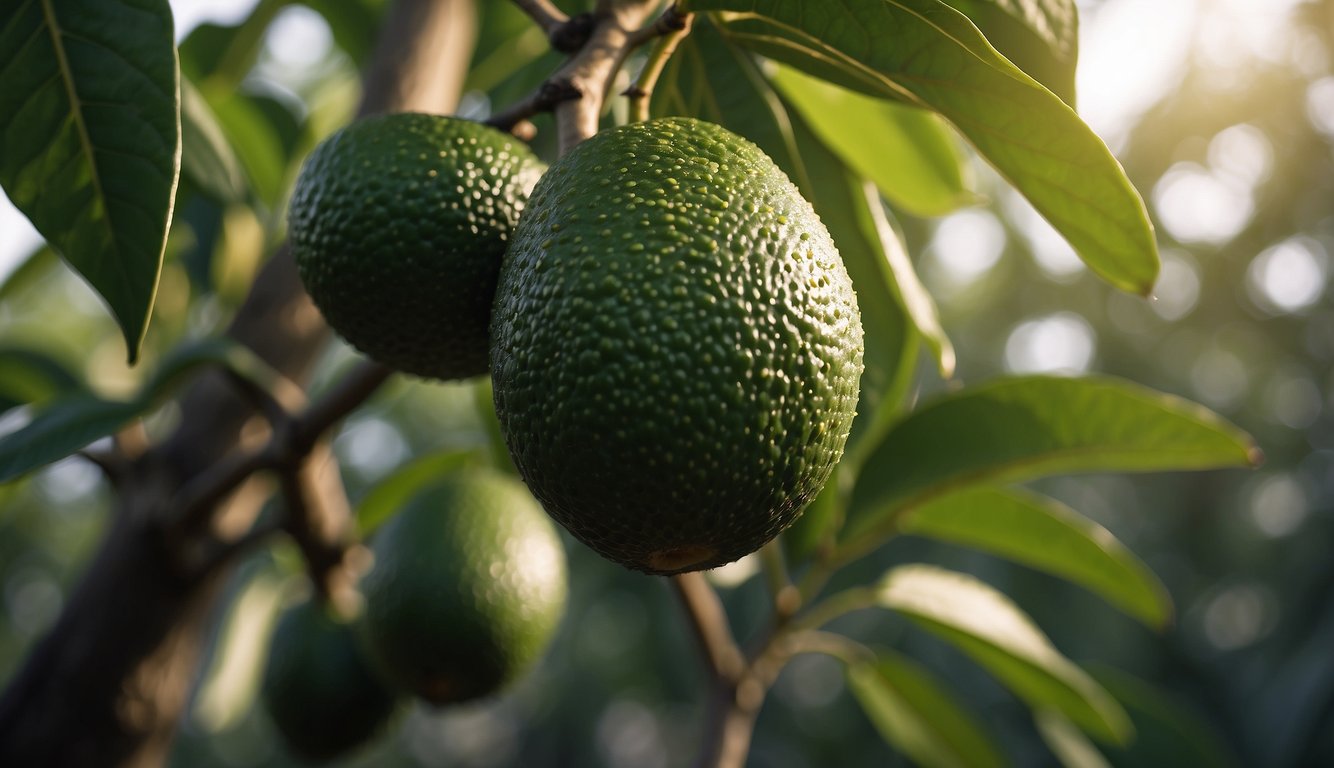An avocado tree stands tall, with lush green leaves, but no fruit hanging from its branches