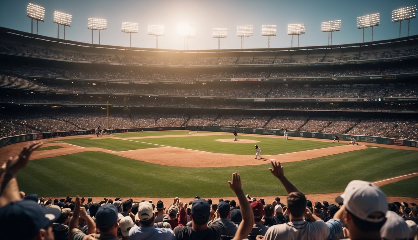 A baseball player hits a home run in a packed stadium, celebrating with teammates and fans cheering in the stands