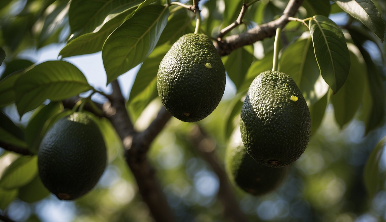 An avocado tree stands tall, with lush green leaves and a few small, unripe fruits hanging from its branches. Despite its healthy appearance, the tree is not producing any mature fruit