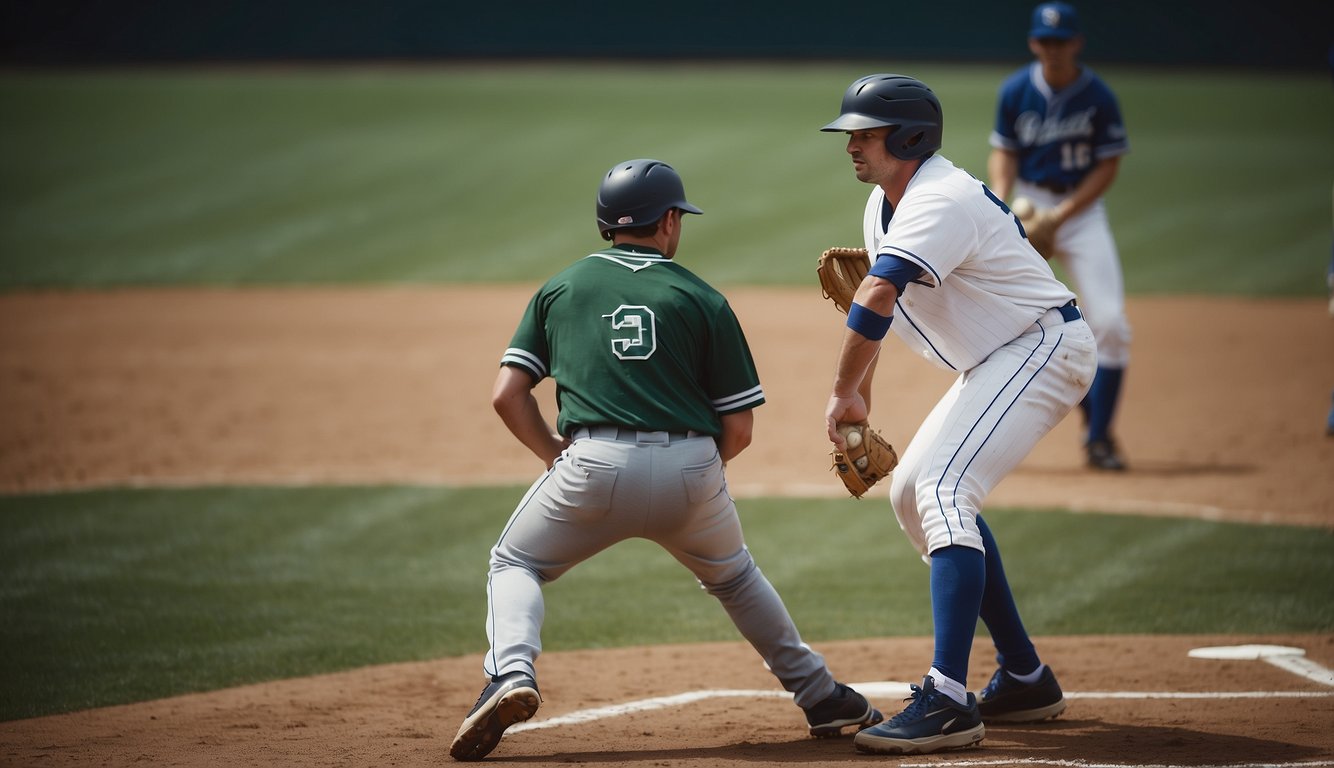 A baseball player from a junior college faces off against a D1 opponent on the field. The tension is palpable as the crowd watches the intense match