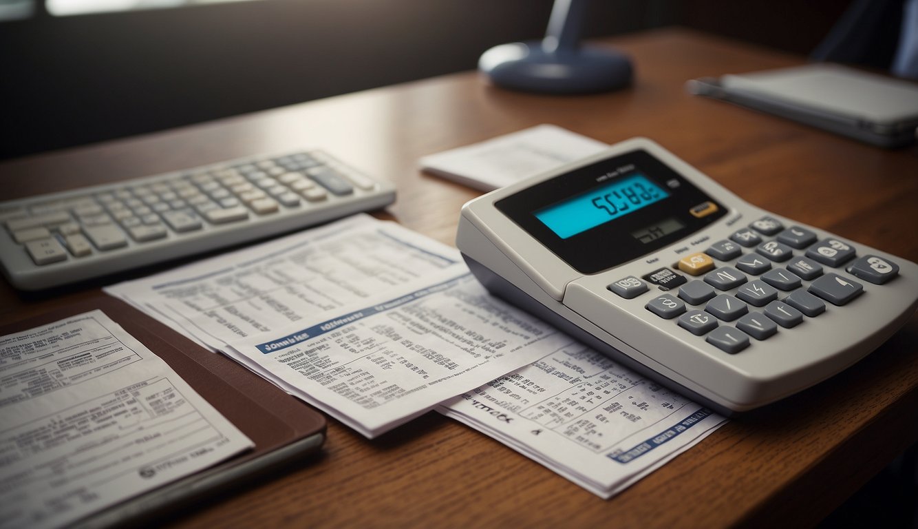 A baseball player weighing the pros and cons of playing for a junior college (juco) versus a Division 1 school, surrounded by financial documents and a calculator