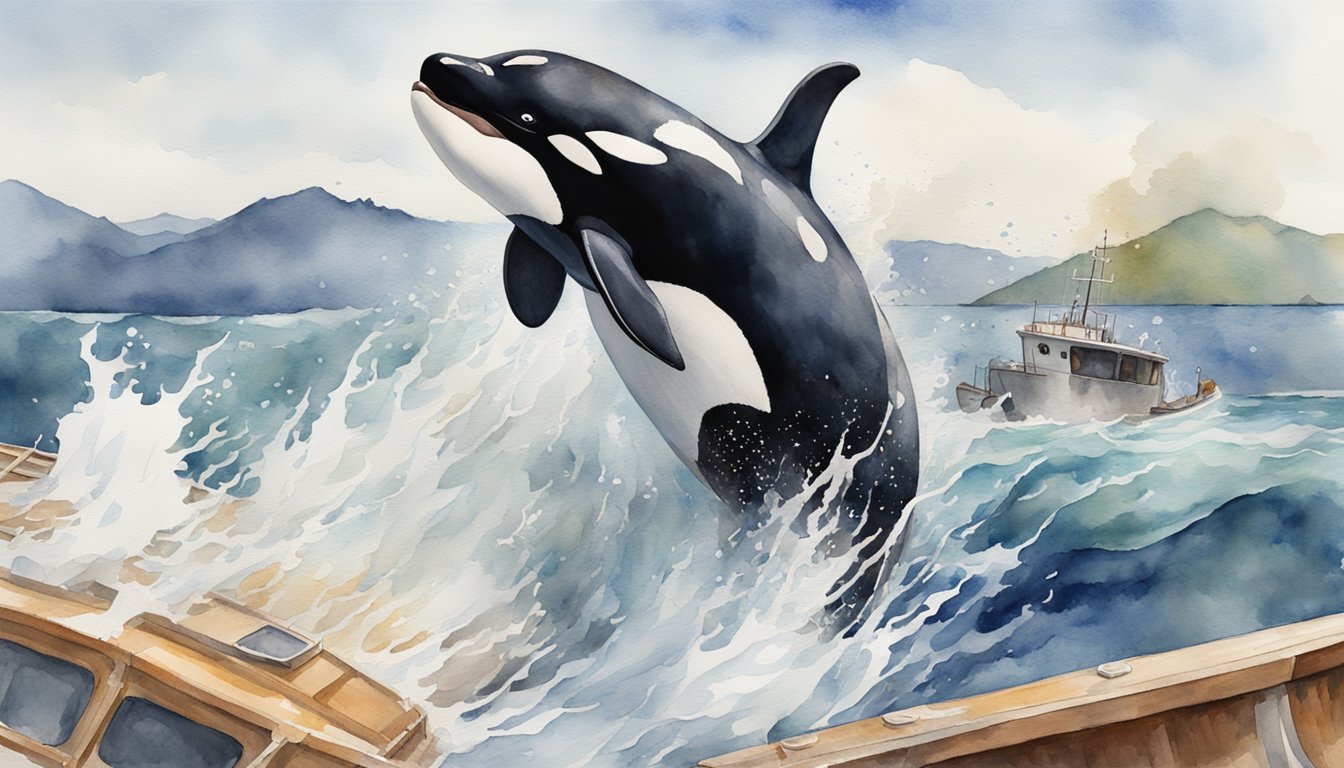 An orca breaches from the water, crashing against the side of a boat, causing chaos and destruction