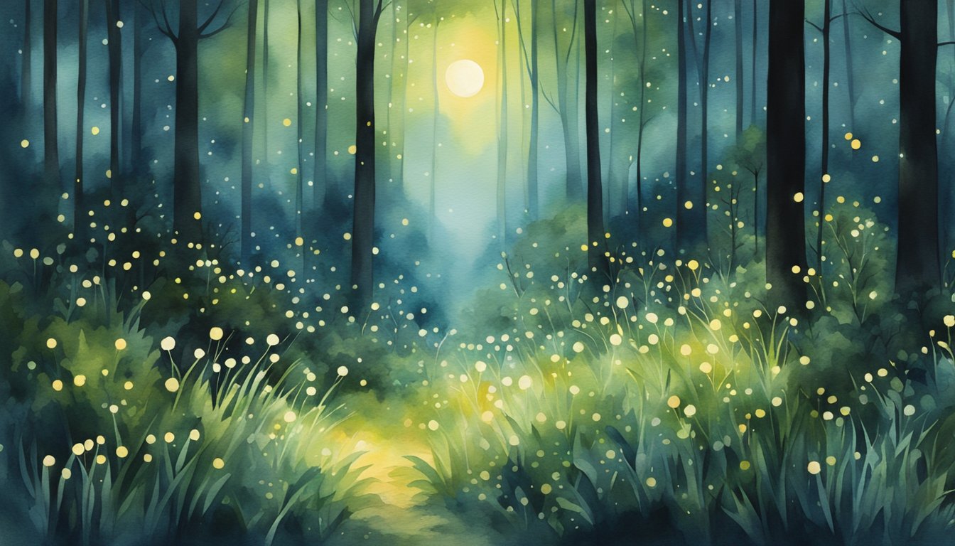 A lush, dark forest glows with the soft, twinkling lights of fireflies, illuminating the night with their magical presence