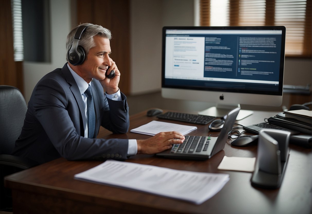 A person sitting at a desk, surrounded by legal documents and a computer, speaking to a client on the phone about BPC-LOAS benefits