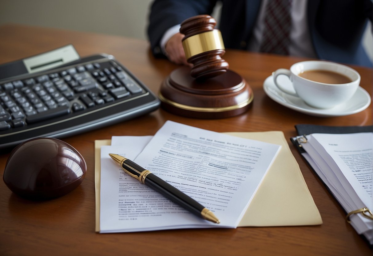 A lawyer reviewing eligibility criteria for BPC-LOAS. Papers, a computer, and legal books on a desk