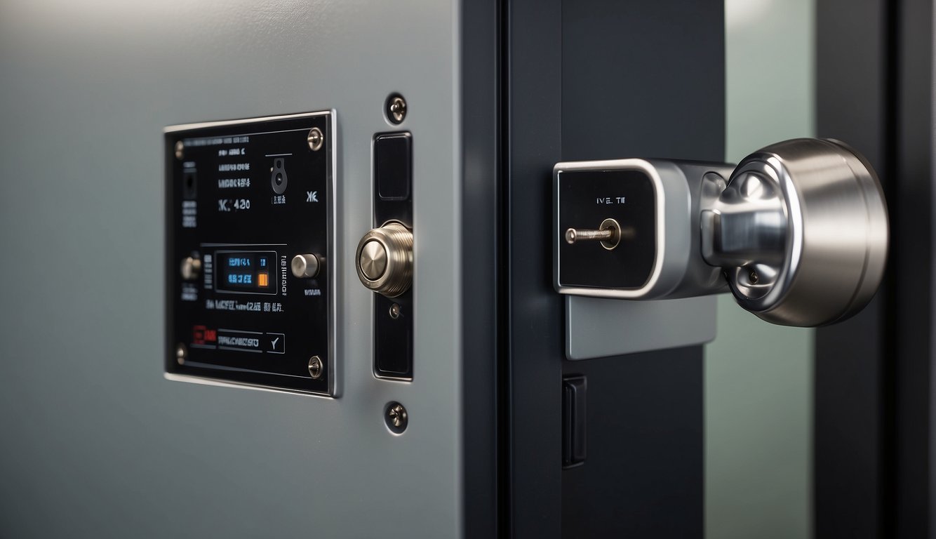 An electromagnetic lock attached to a secure door, with wires connecting it to a control panel and power source