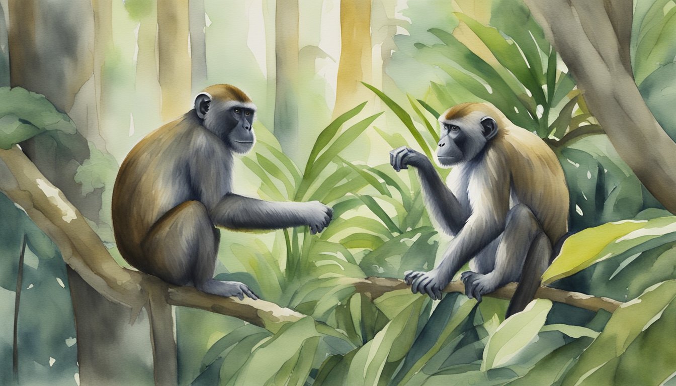 Monkeys foraging in a lush Florida forest, interacting with each other and managing their environment