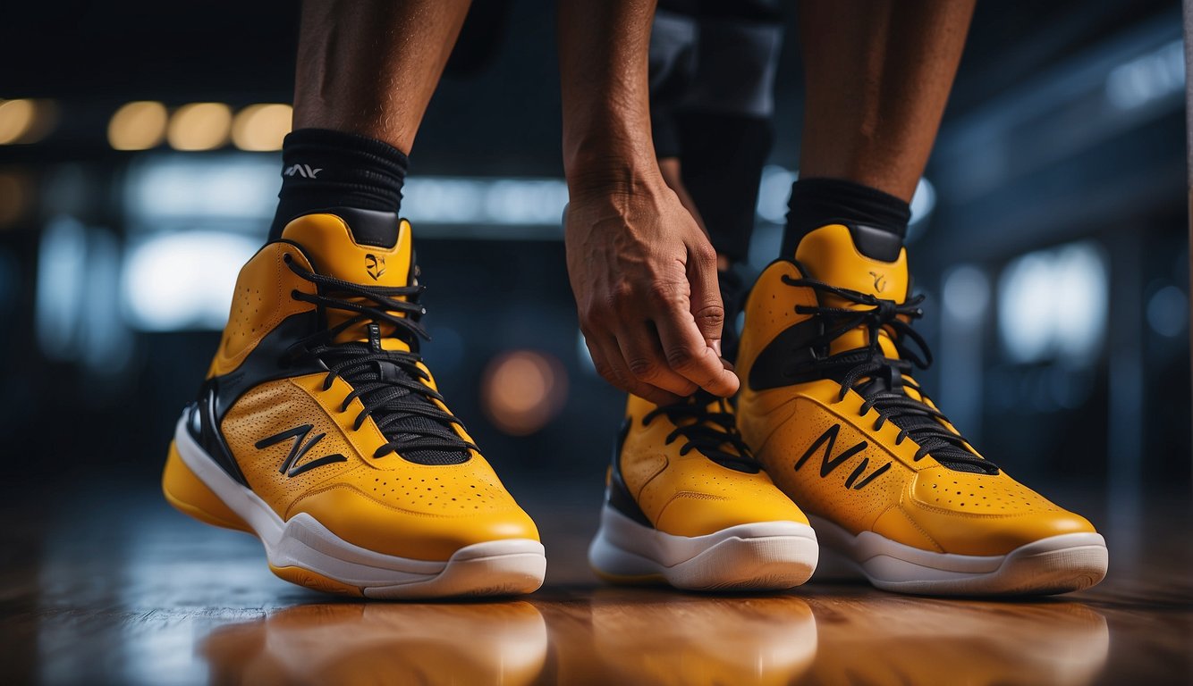 A pair of basketball shoes being tried on, showing the fit and comfort features such as cushioning, ankle support, and flexibility