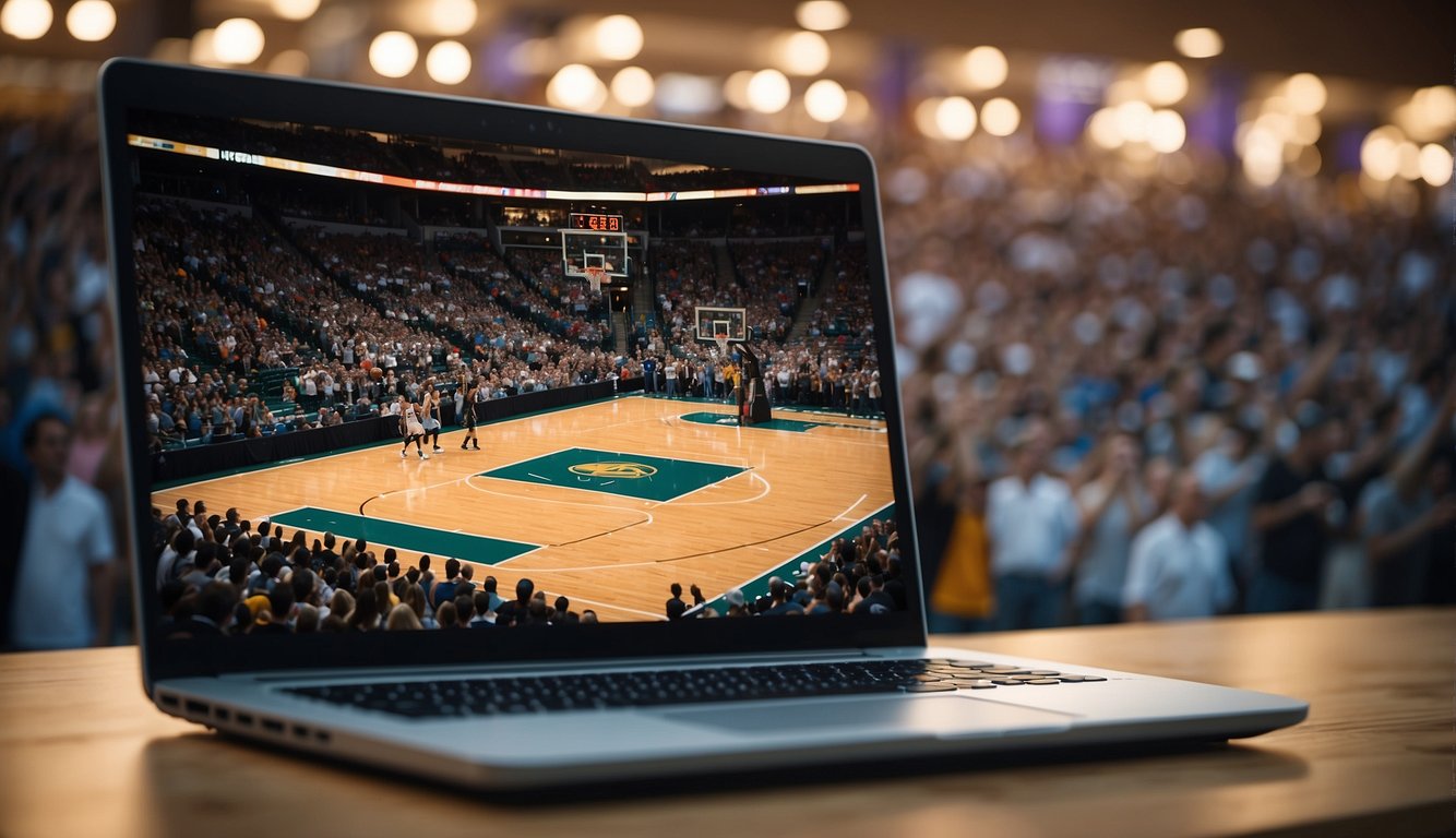 A laptop displaying a basketball game streaming for free, with a basketball hoop in the background and a crowd of excited fans in the stands