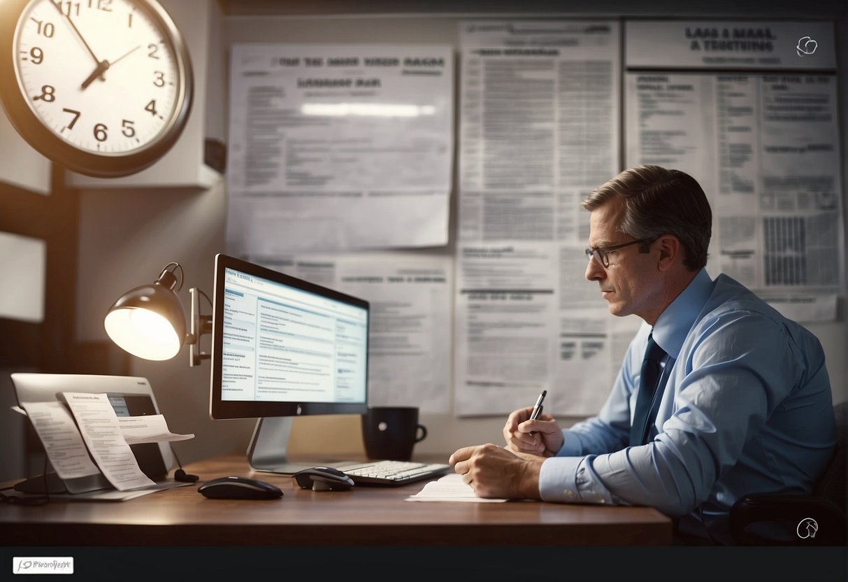 A government worker reviews BPC-LOAS application. Papers scattered on desk, computer screen shows application form. Clock on wall reads 3:30pm