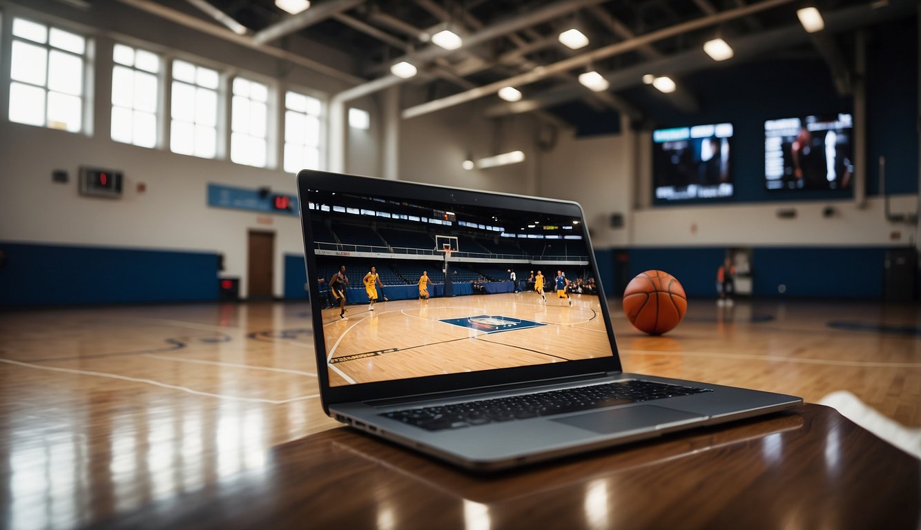 A basketball court with a large screen displaying a live game. A laptop and smartphone nearby, showing free streaming options