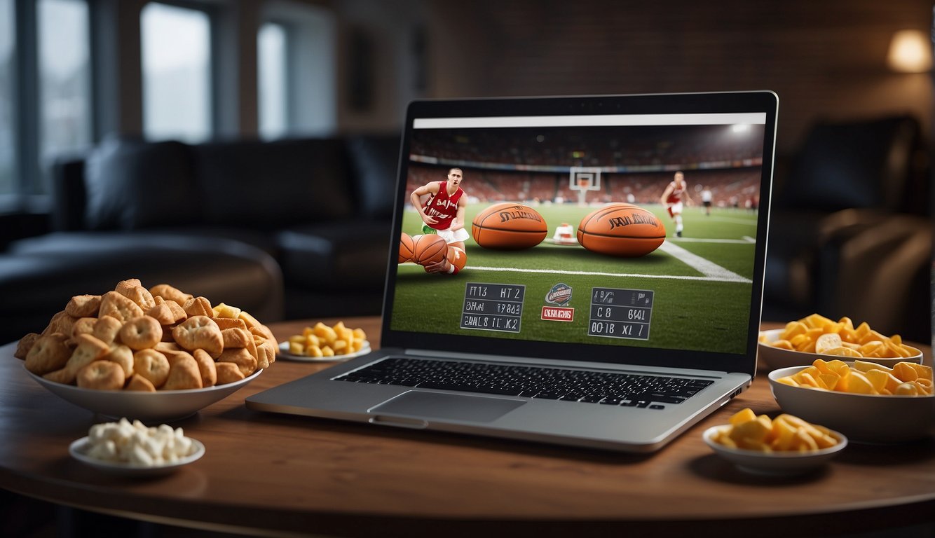 Fans streaming basketball on a laptop, surrounded by snacks and drinks. A big screen TV shows the game in the background