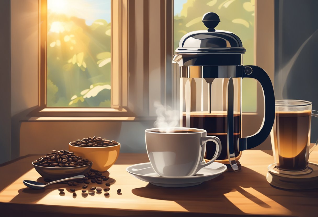 A steaming cup sits on a table, surrounded by a French press, a bag of coffee beans, and a spoon. Sunlight filters through a window, casting a warm glow on the scene