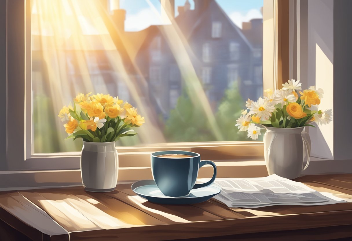 Steaming coffee mug on a rustic table with a newspaper and a vase of fresh flowers, as sunlight streams through a window