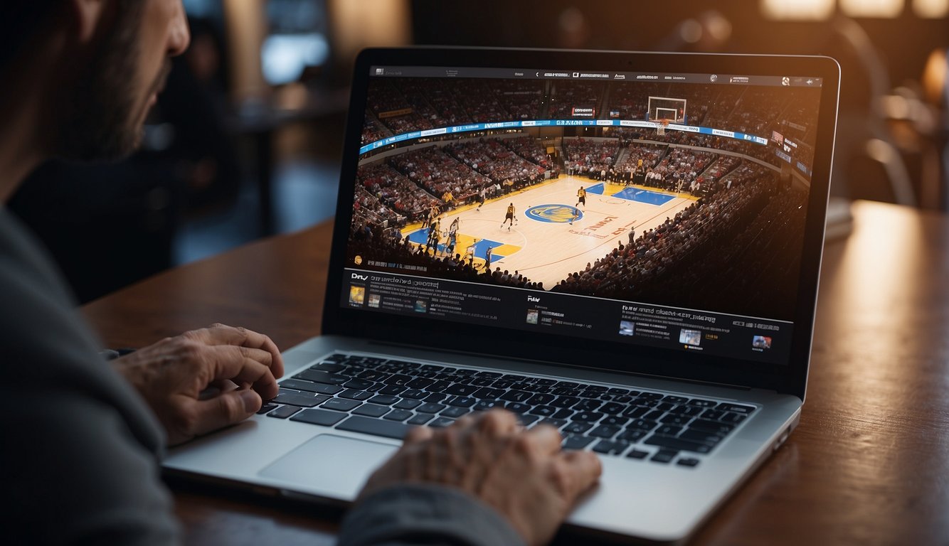 A person watching a basketball game on a laptop with a news website open and a streaming service ready on the screen