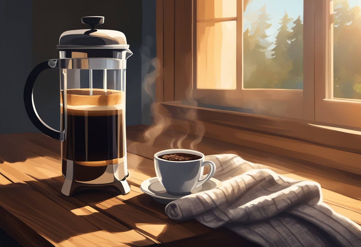 A steaming cup of coffee sits on a rustic wooden table, surrounded by a bag of freshly ground beans, a French press, and a cozy blanket. Sunlight streams through a window, casting warm shadows on the scene