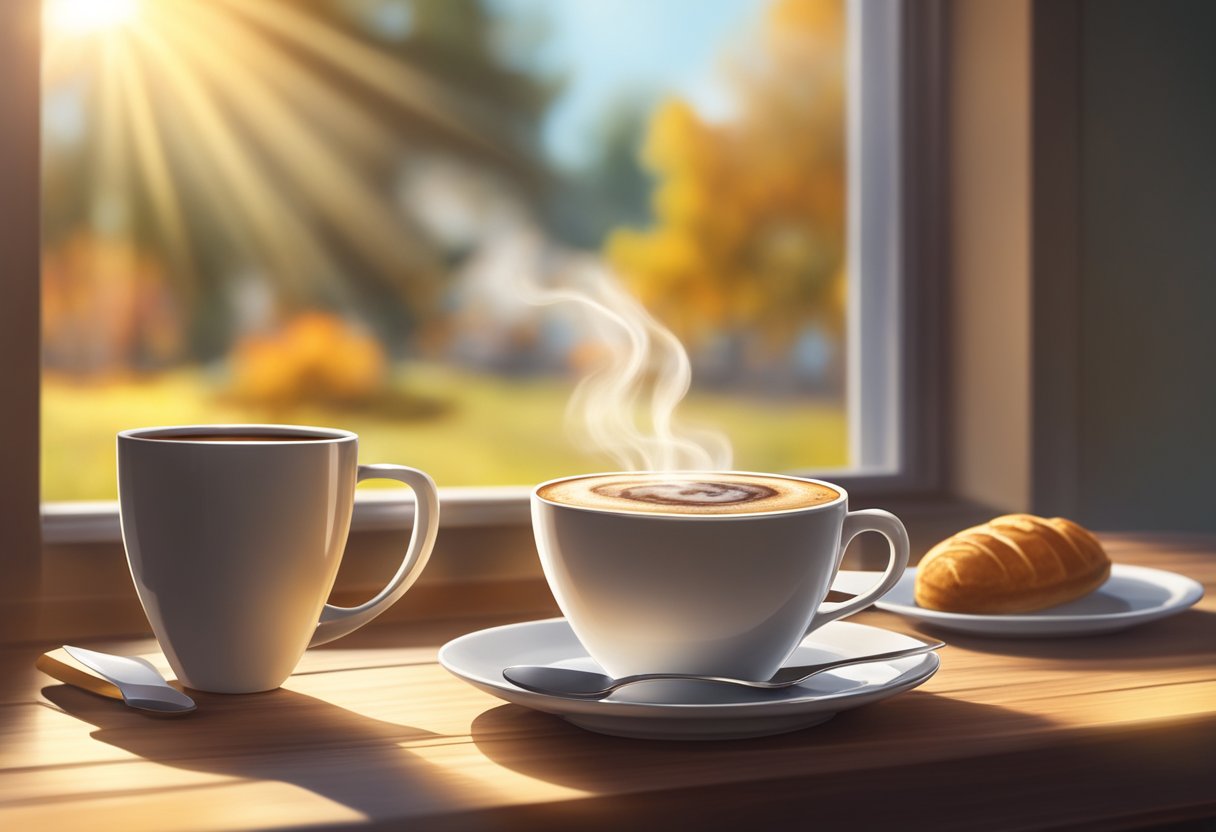 A steaming cup of coffee sits on a wooden table next to a healthy breakfast spread. Sunlight streams through a window, casting a warm glow on the scene