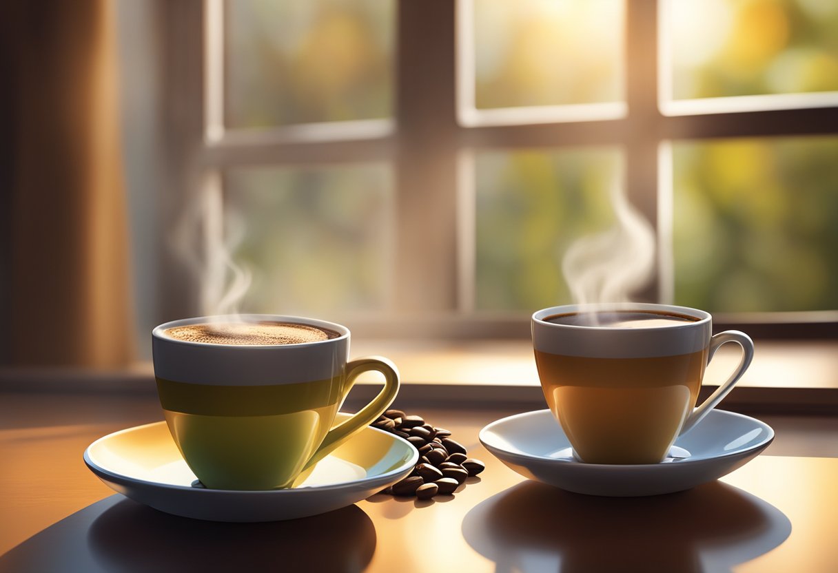 Steam rises from a freshly poured cup of coffee, sunlight filters through a window, casting a warm glow on the table, where a steaming mug sits next to a fresh bag of coffee beans