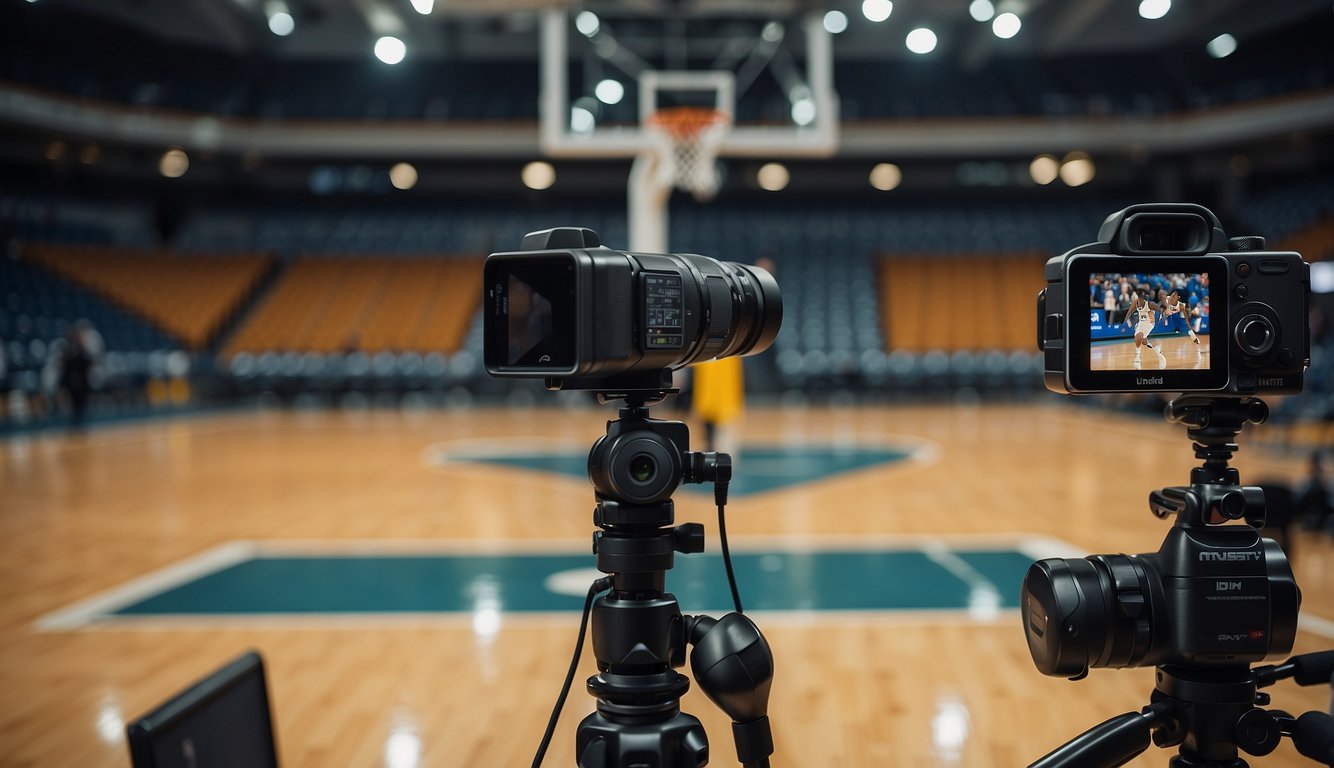 A basketball court with a live streaming setup, including cameras, microphones, and a computer displaying a free streaming platform. Signs indicating legal disclaimers and etiquette guidelines are visible