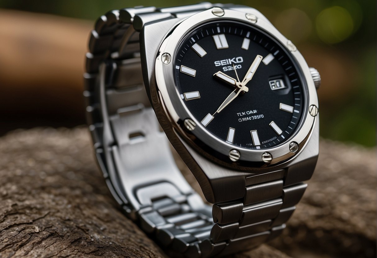 A Seiko watch with a modified Royal Oak design, featuring a stainless steel case and bracelet, a black dial with white markers, and a date window at 3 o'clock