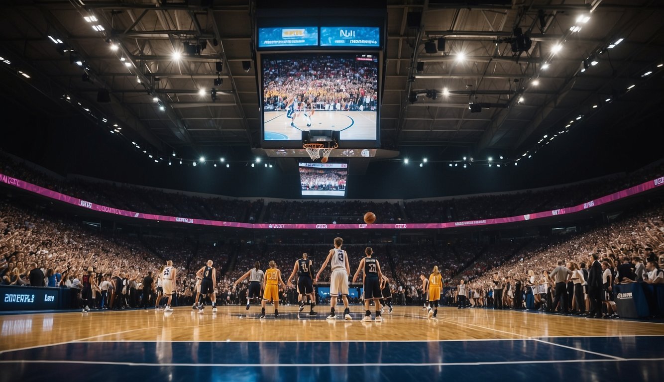 A basketball court filled with cheering fans as teams compete in a tournament. The scoreboard displays the time remaining in the game