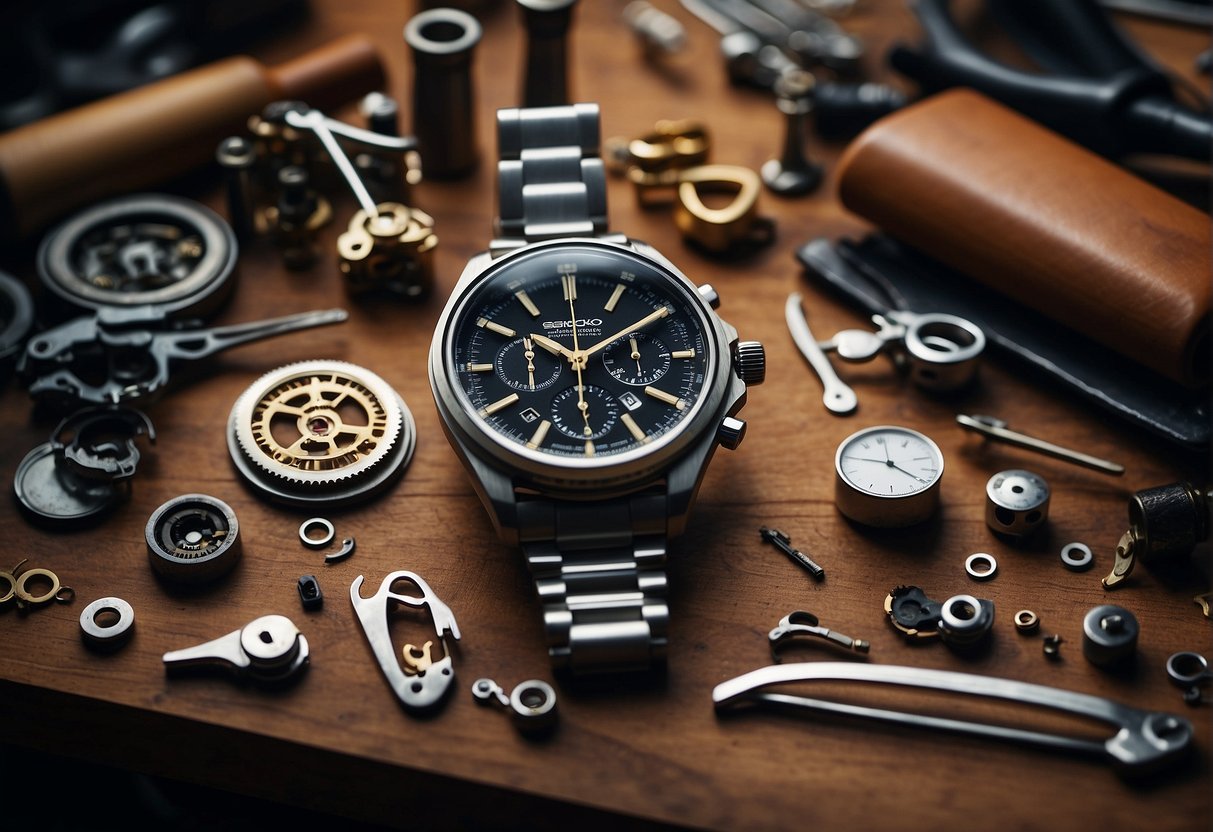 Eine Werkbank mit einer demontierten Seiko-Uhr, kleinen Werkzeugen und verschiedenen Mod-Teilen. Die Hände des Modders beim sorgfältigen Zusammenbau des von der Royal Oak inspirierten Designs