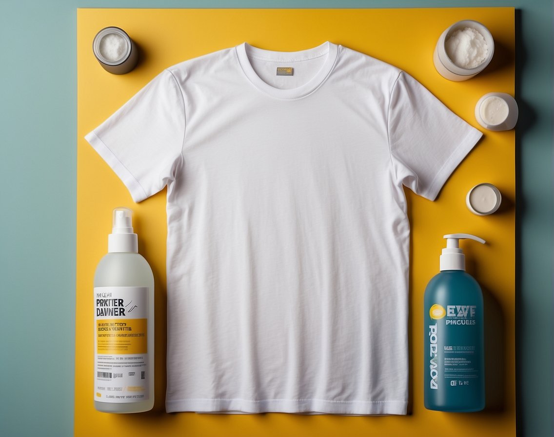 A white t-shirt with yellow stains under the armpits, surrounded by various deodorant and stain-removing products