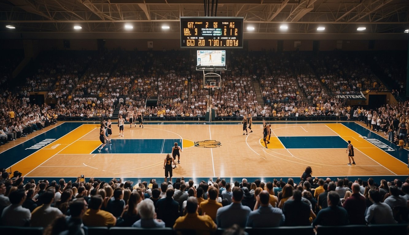 A basketball court filled with teams competing, scoreboard showing time passing, spectators cheering, and players displaying skill and teamwork