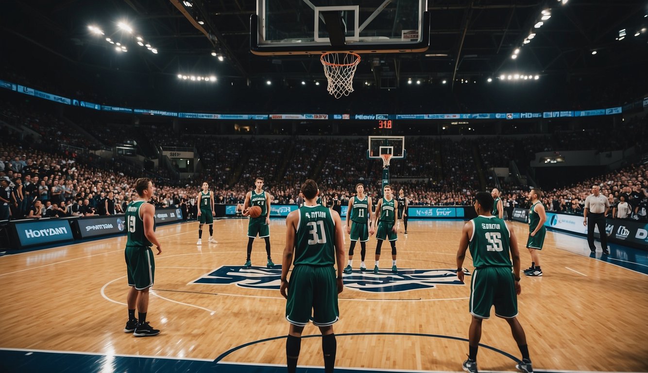 Basketball tournament: teams, universities, logo banners, court, scoreboard, cheering fans, referees, players, coaches, 2-hour games, intense competition