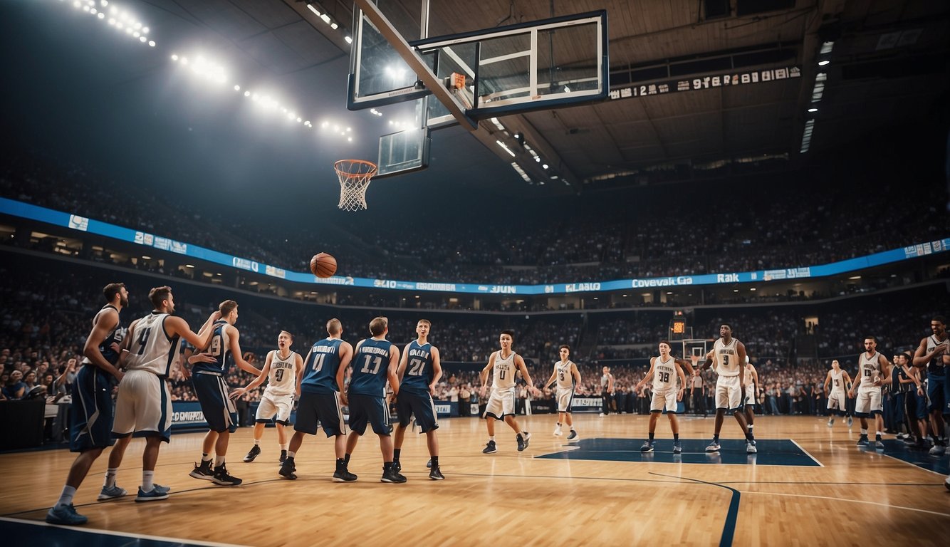 A basketball court filled with players in action, surrounded by cheering fans, with a tournament bracket displayed prominently