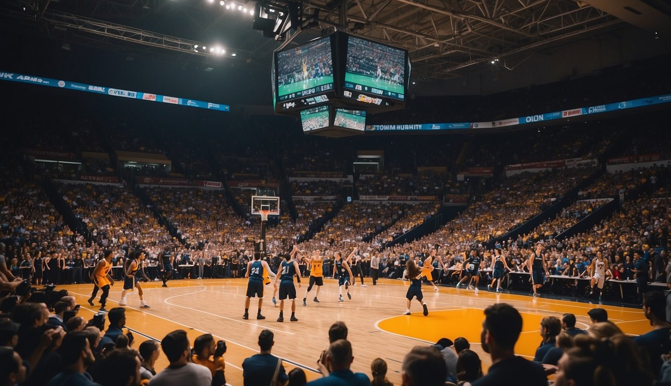 A basketball court filled with cheering fans as players compete in a fast-paced tournament. Cameras flash and reporters jot down notes, capturing the excitement