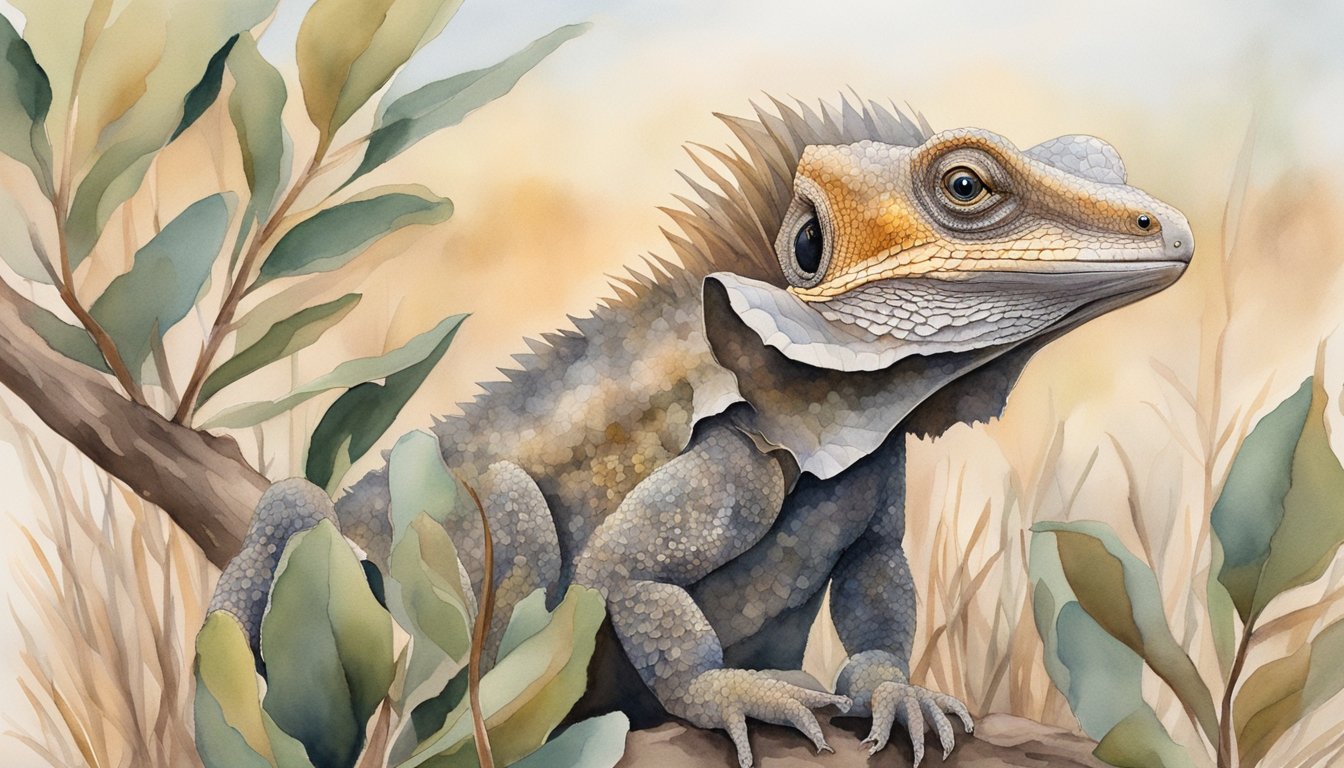 The frilled lizard perches on a eucalyptus branch in the Australian outback, surrounded by dry grass and rocky terrain.</p><p>It extends its frill as a display of intimidation