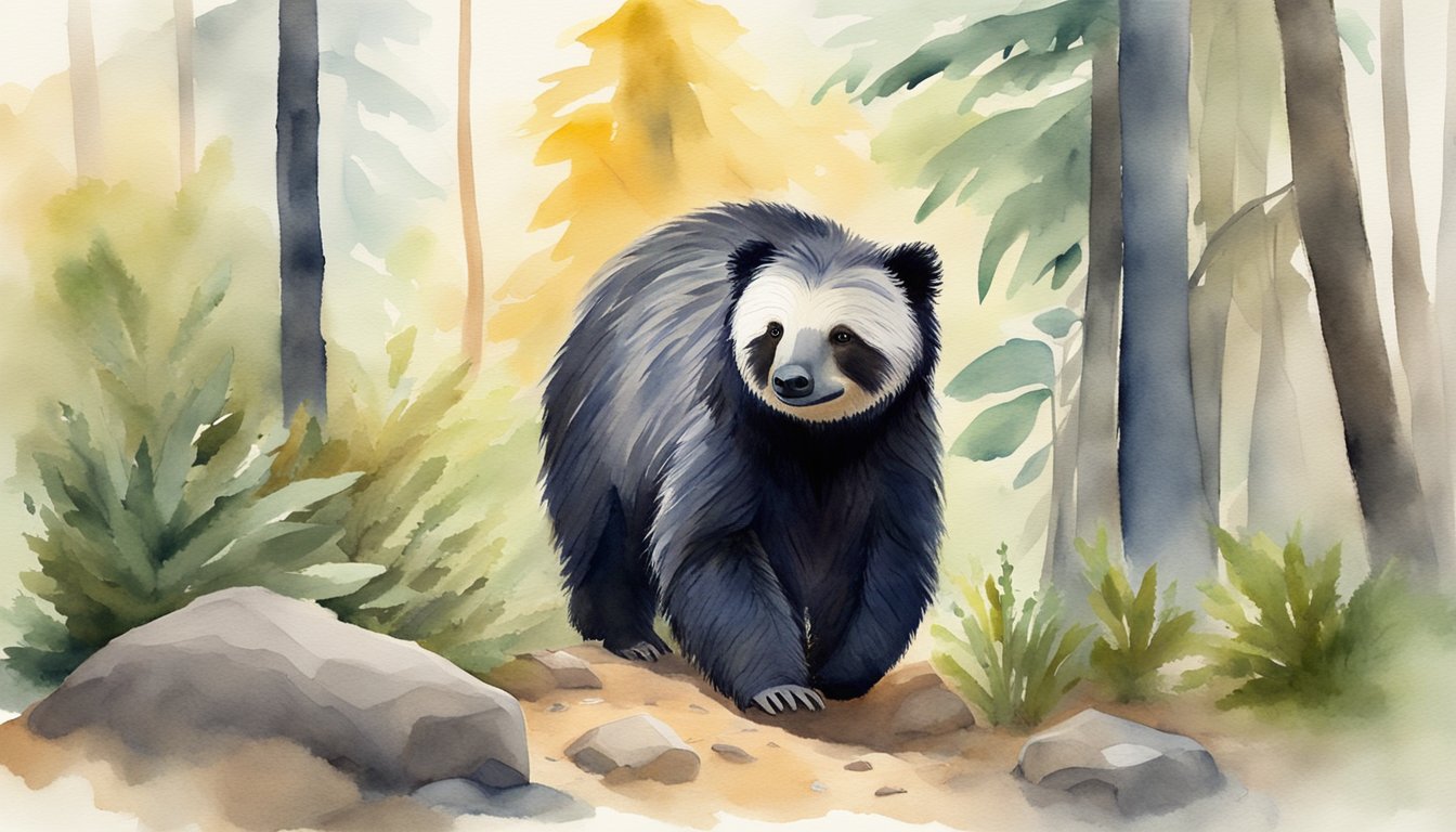 A sloth bear wanders through a forest habitat, foraging for food and interacting with natural elements like trees and rocks