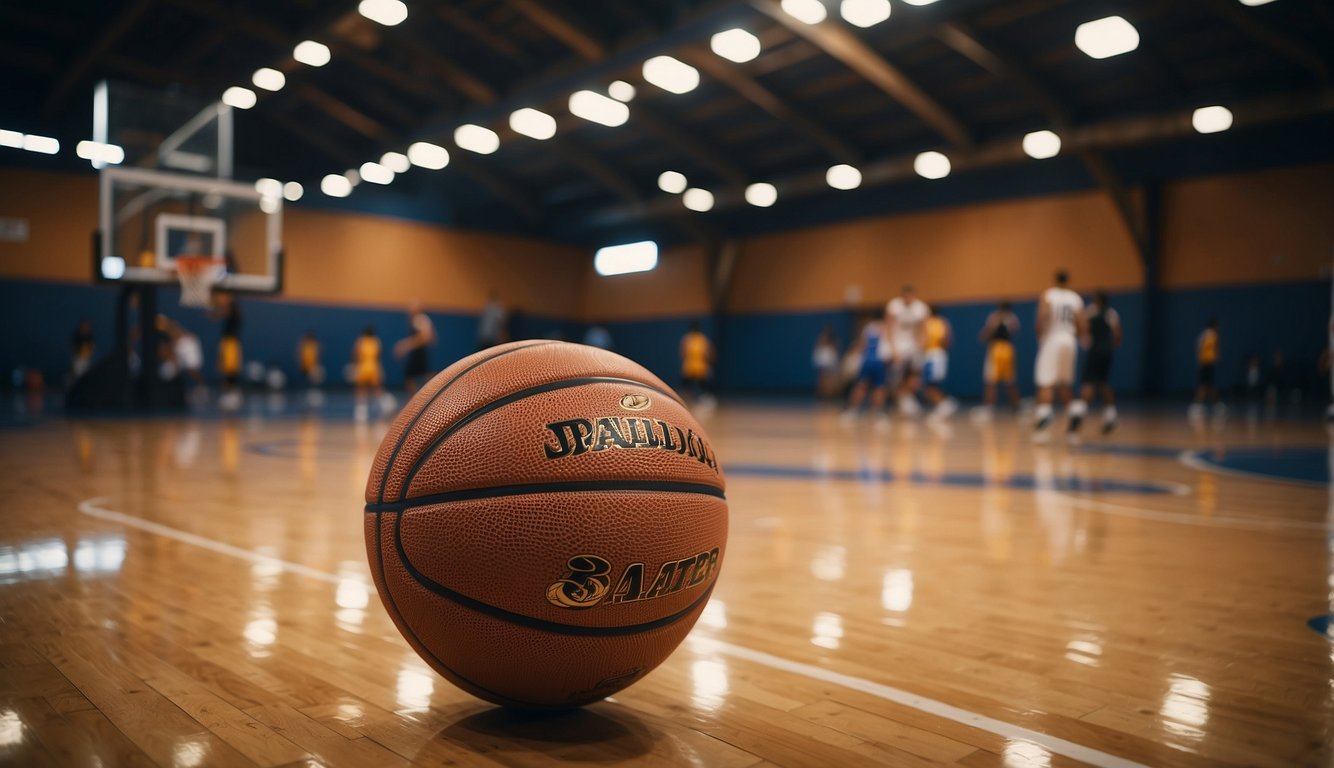 A basketball court with a hoop, ball, and players practicing dribbling, shooting, and passing. Coaching books and videos are scattered around