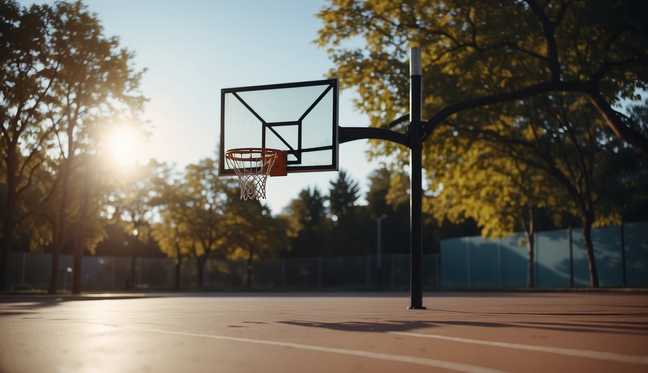 A basketball court with a hoop, a ball bouncing, and a player practicing dribbling and shooting