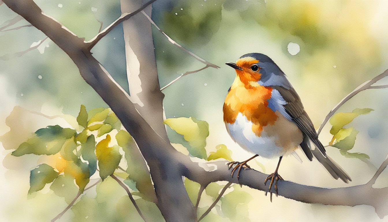 A robin perched on a tree branch, its red breast glowing in the sunlight, as it watches the ground for insects