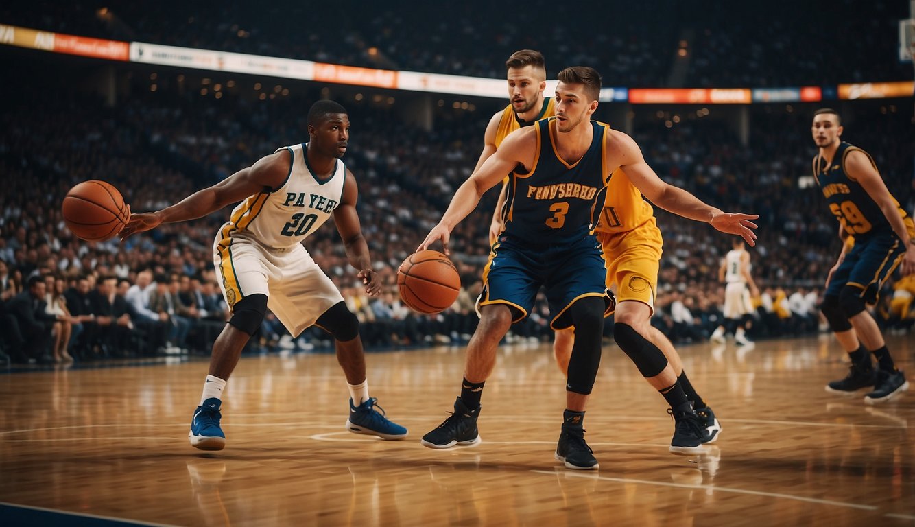 Players passing, dribbling, and shooting on a basketball court. Working together, communicating, and strategizing to score points and win the game