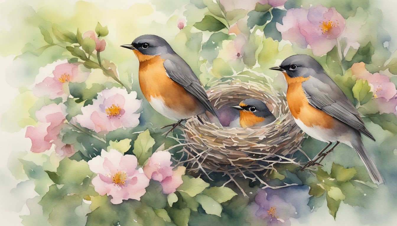 Two robins building a nest in a tree, surrounded by flowers and greenery