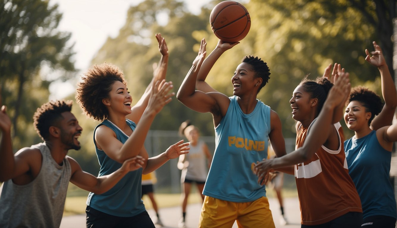 A group of diverse people play basketball together, laughing and high-fiving. They form bonds through the shared love of the game