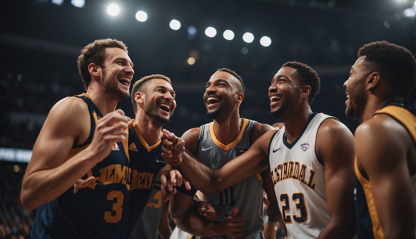 A group of basketball players laughing and high-fiving after a game, showing camaraderie and friendship